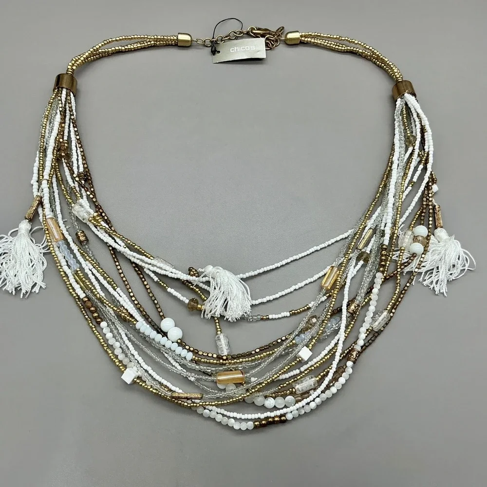 Chico's Necklace NWT White Gold Multi Strand Seed Bead Tassel Statement Jewelry